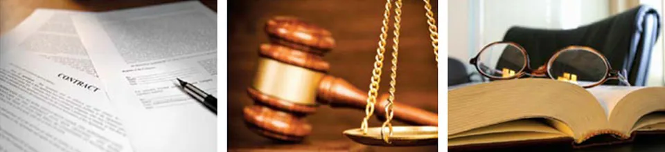 collage of paper, gavel and book with glasses on top